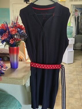 Faded Glory Navy Blue Sleeveless Polo Midi Dress with Red Star And Stripe Belt